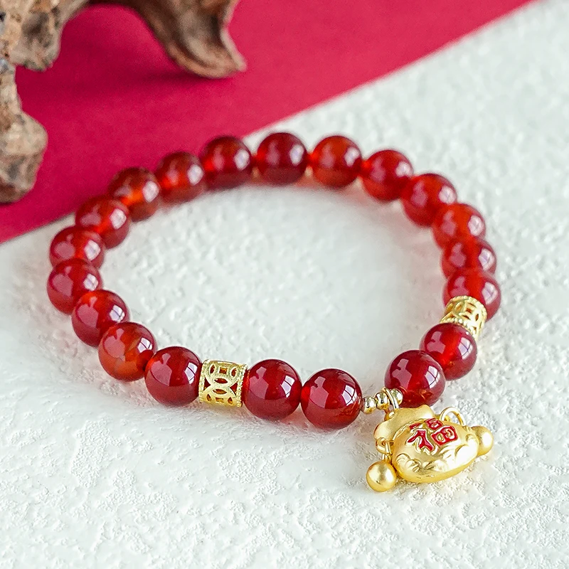 红玛瑙搭配小福包原创款单圈手链-Y0570