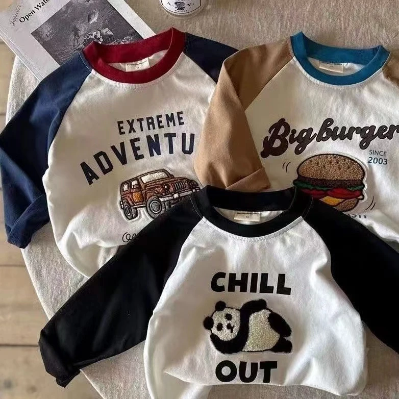 【秋季新款】2025男女童长袖打底衫卡通拼接上衣纯棉宝宝小童韩版