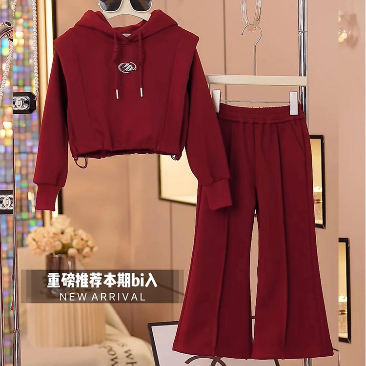 女童秋装卫衣套装春秋款2024新款儿童装红色两件套女大童洋气衣服