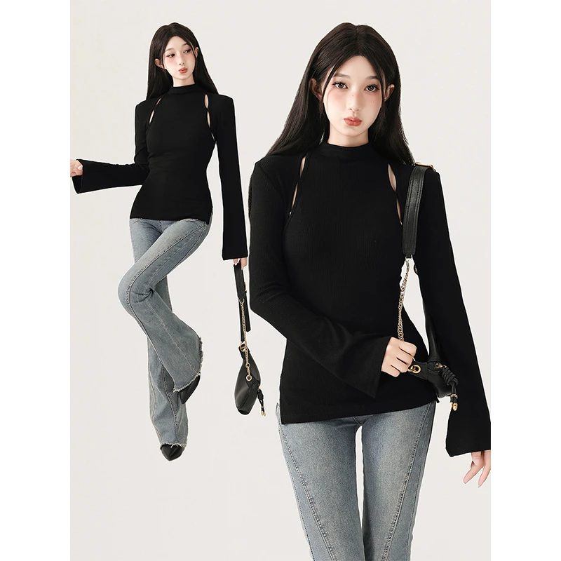半高领黑色打底衫女春秋内搭修身显瘦纯欲风辣妹紧身长袖t恤上衣