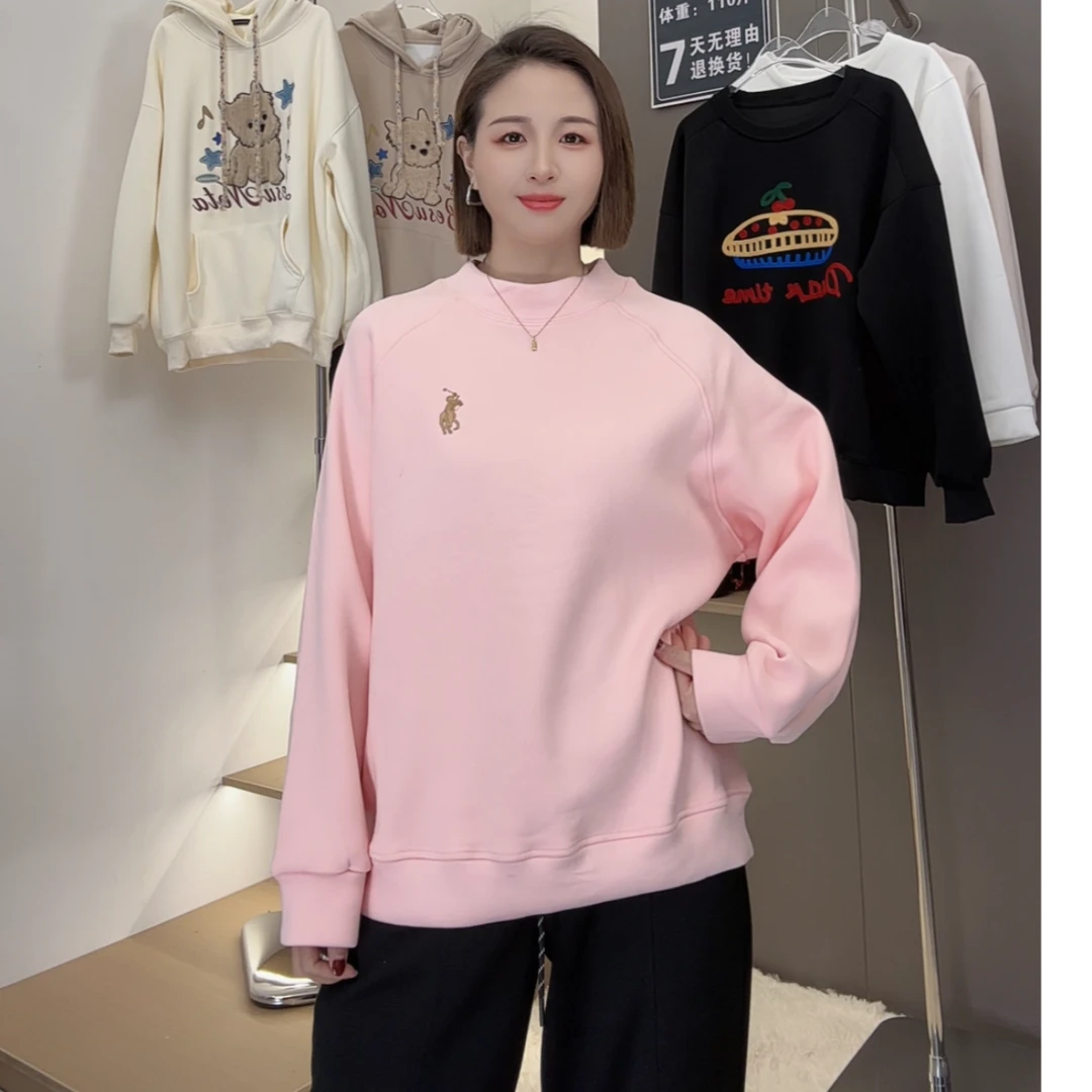 欧洲站2024秋冬新款韩版双面绒中领宽松小金人刺绣休闲时尚卫衣