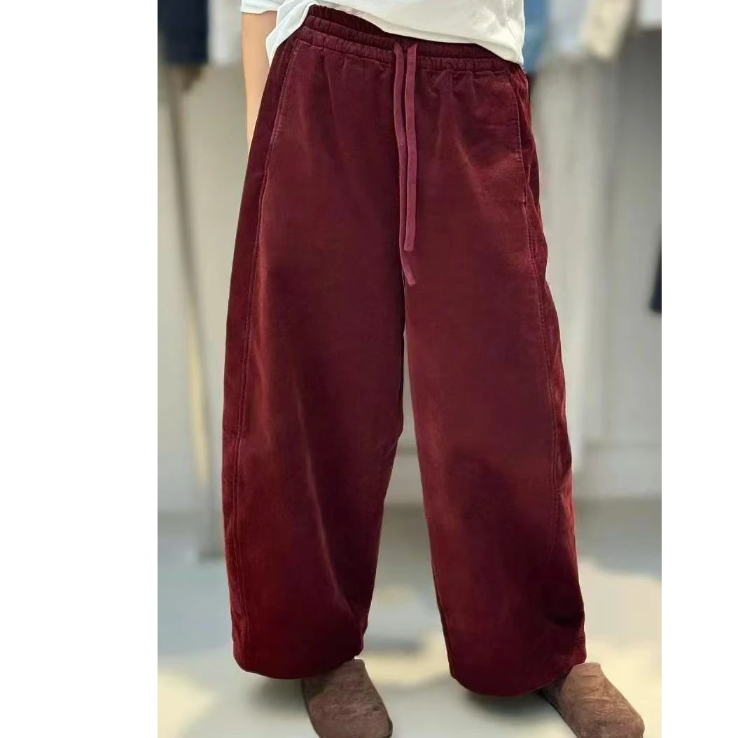 深圳南油高端24秋冬灯芯绒宽松阔型裤子大红暗红色