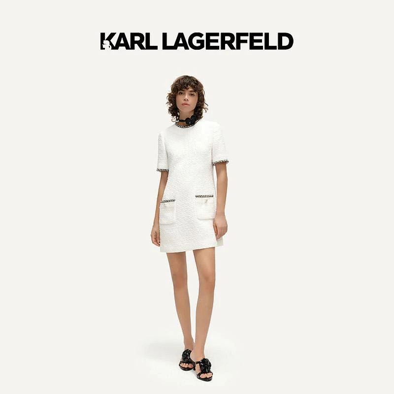 【星线好物】KARLLAGERFELD春白色花呢双袋连衣裙E41W1394