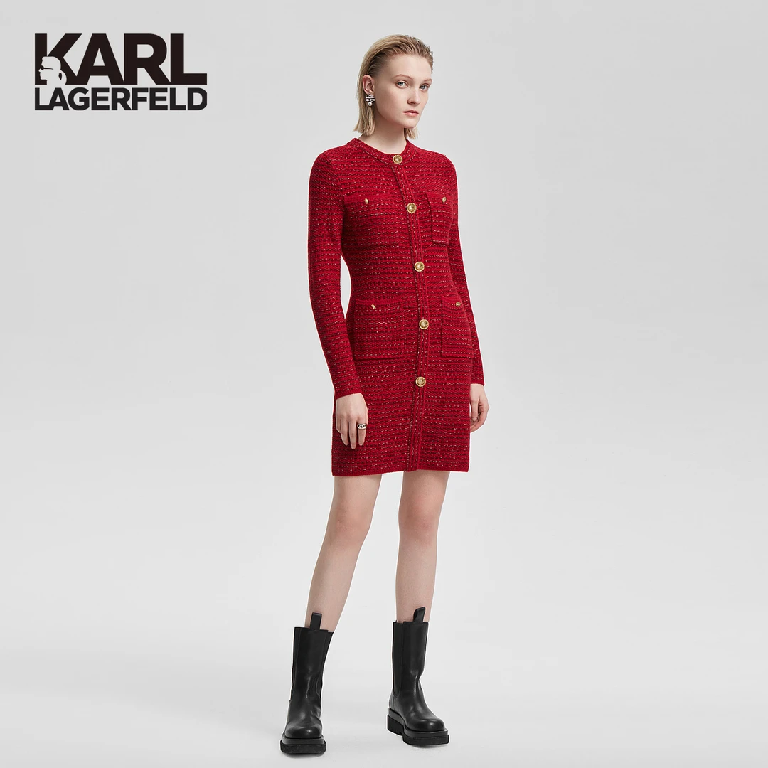【丁Dinger】KARL LAGERFELD格纹针织红色连衣裙E36W1340