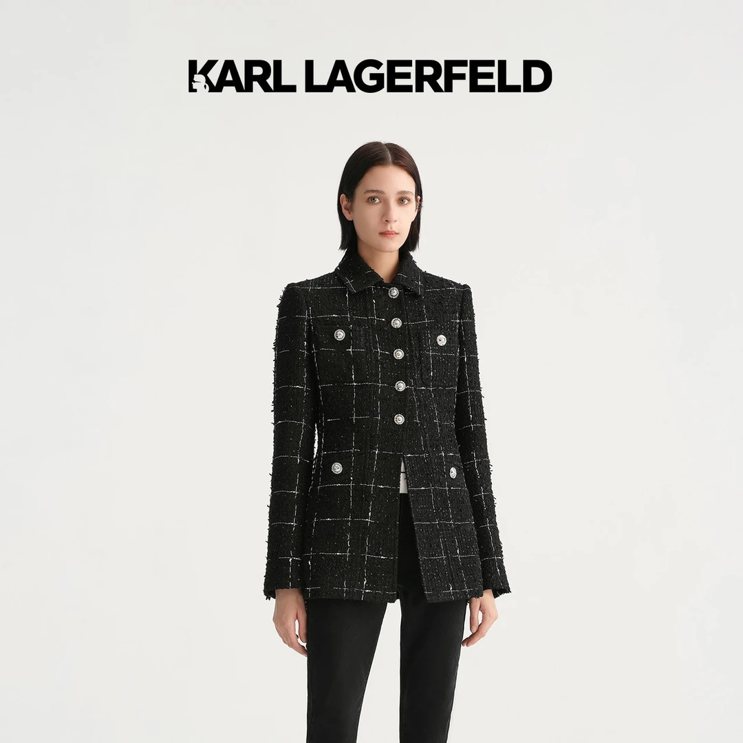 【达人专享】KARLLAGERFELD秋中长款四纹花呢外套E36W15D5