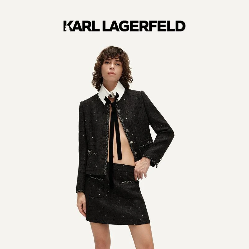 KARL LAGERFELD卡尔拉格斐春黑色花呢花边小香风外套E41W1519