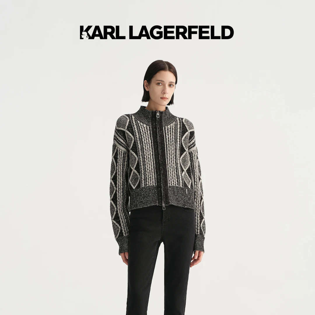 【晨晨甄选】KARL LAGERFELD撞色提花拉链高领针织开衫E37W2062