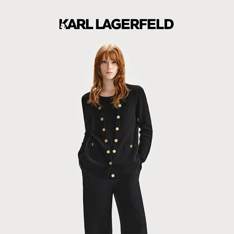 【banjour专属】KARL LAGERFELD秋黑色双排扣长款针织衫236L2048