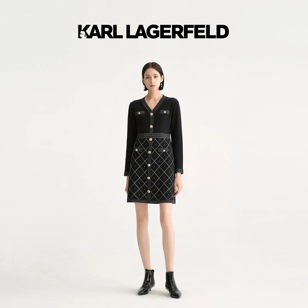 【晨粉专享价】KARL LAGERFELD细闪菱格提花针织长袖连衣裙E37W1324