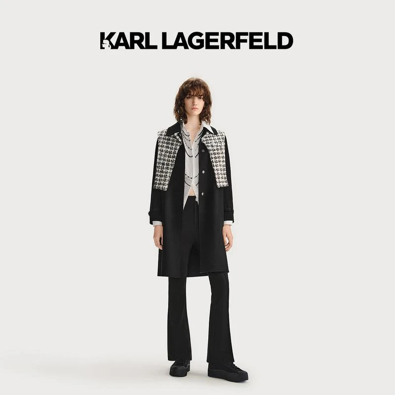 【官方】KARL LAGERFELD卡尔拉格斐秋长款拼接大衣老佛爷E37W1502