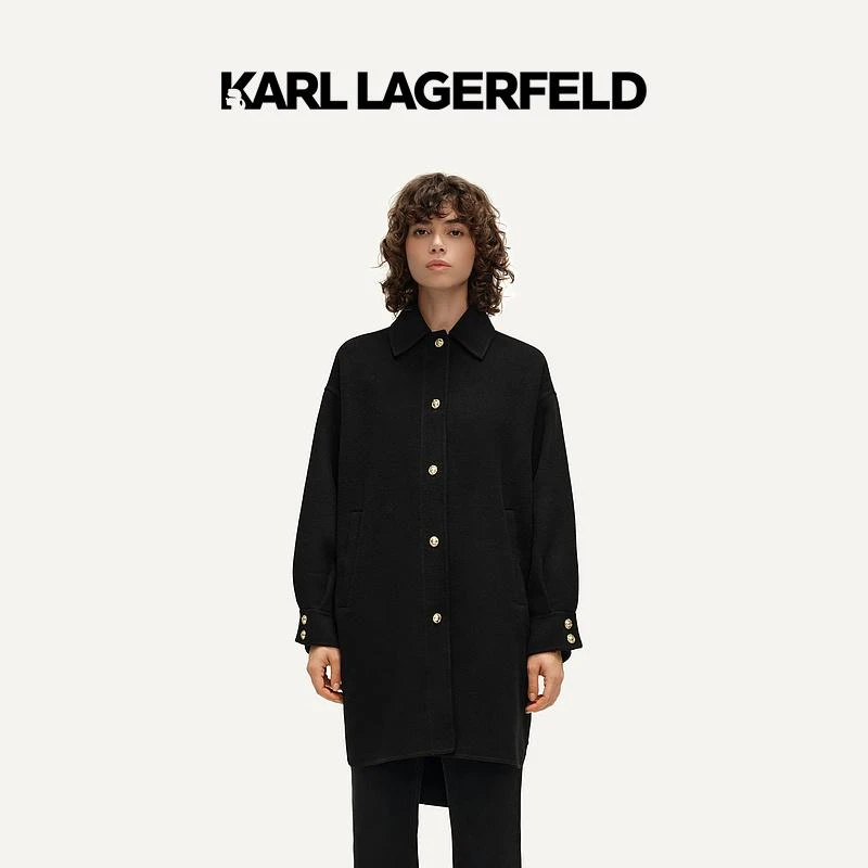 【官方】KARL LAGERFELD卡尔拉格斐翻领宽松羊毛大衣老佛爷E37W15C0