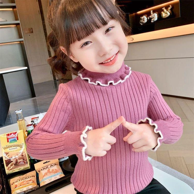 韩国女童针织打底衫2023秋冬新款木耳边高领洋气儿童保暖毛衣D69
