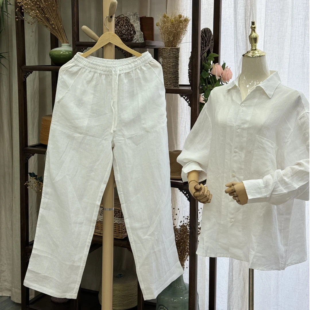 【多元】汉麻套装 夏季新款薄款松紧腰系带直筒裤 女士大口袋衬衣