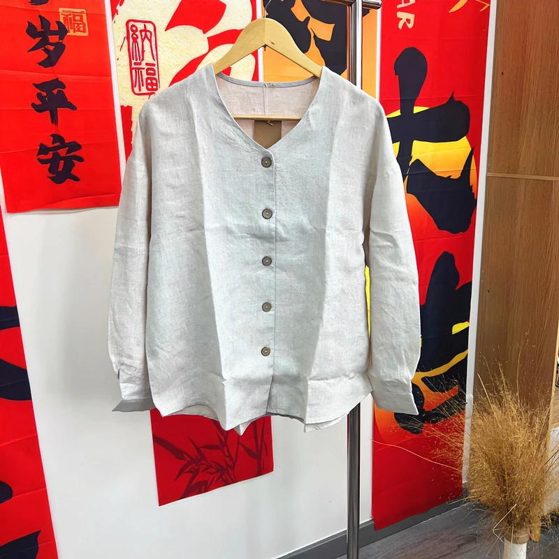 老钱风纯汉麻雨露色V领休闲  新中式 衬衫外套