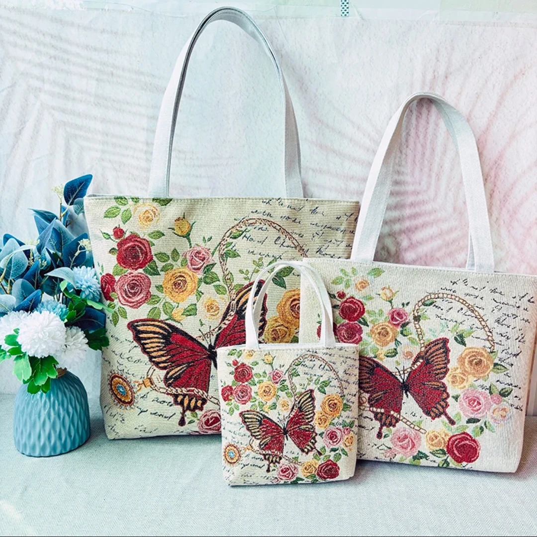A19新款帆布包包女大容量单肩手提包托特包提花刺绣时尚百搭逛街