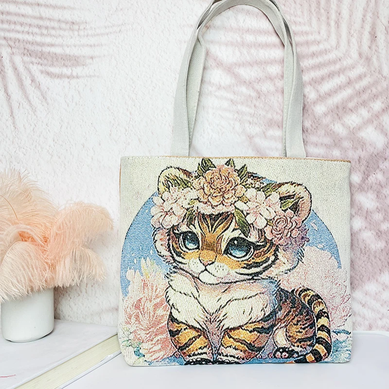 A17新款帆布包包女手提包单肩包托特包双面提花刺绣时尚百搭休闲