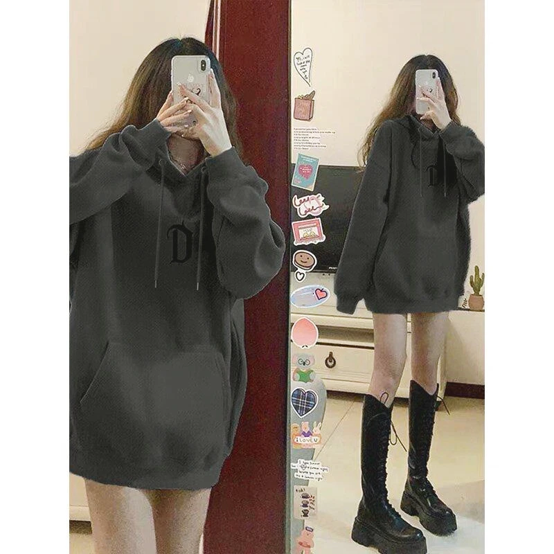 灰色连帽卫衣女宽松中长款遮屁股加绒加厚学生大码长袖韩版秋冬季