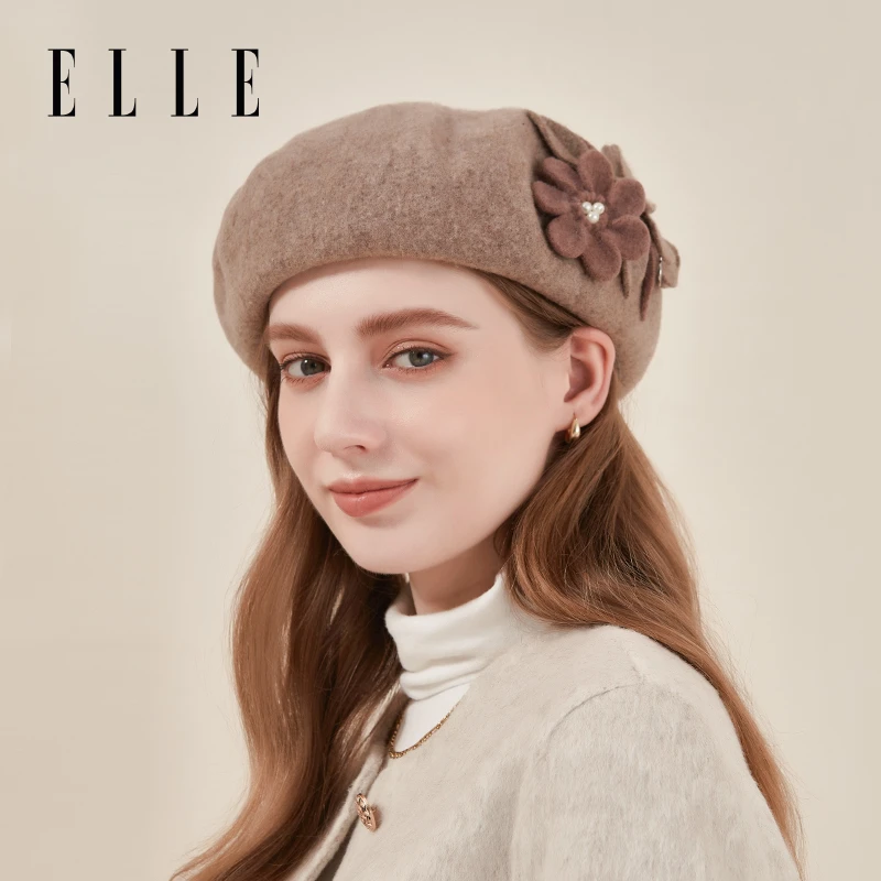 ELLE贝雷帽女秋冬季美拉德大花羊毛洋气优雅保暖八角帽34WE14016