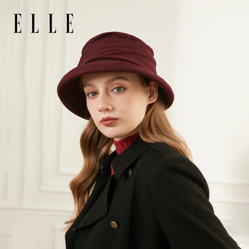 ELLE帽子秋冬新款时尚百搭盆帽复古褶皱羊毛保暖时装帽A33WE16004