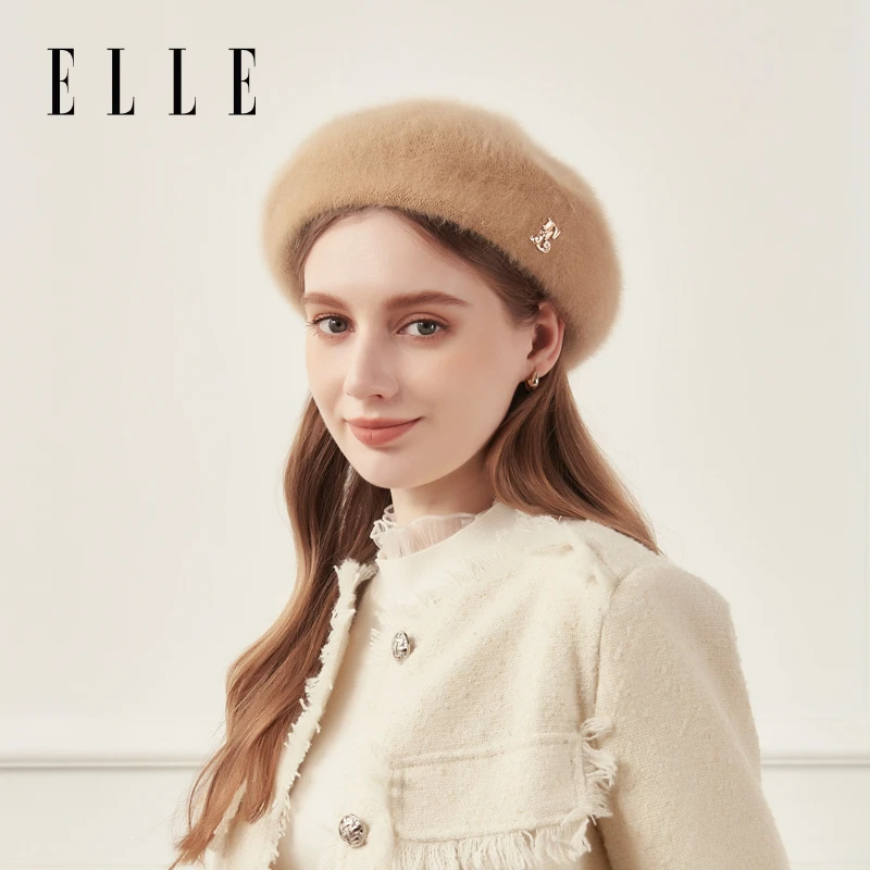 ELLE兔毛贝雷帽子女款秋冬时尚百搭南瓜帽报童帽34WE14012