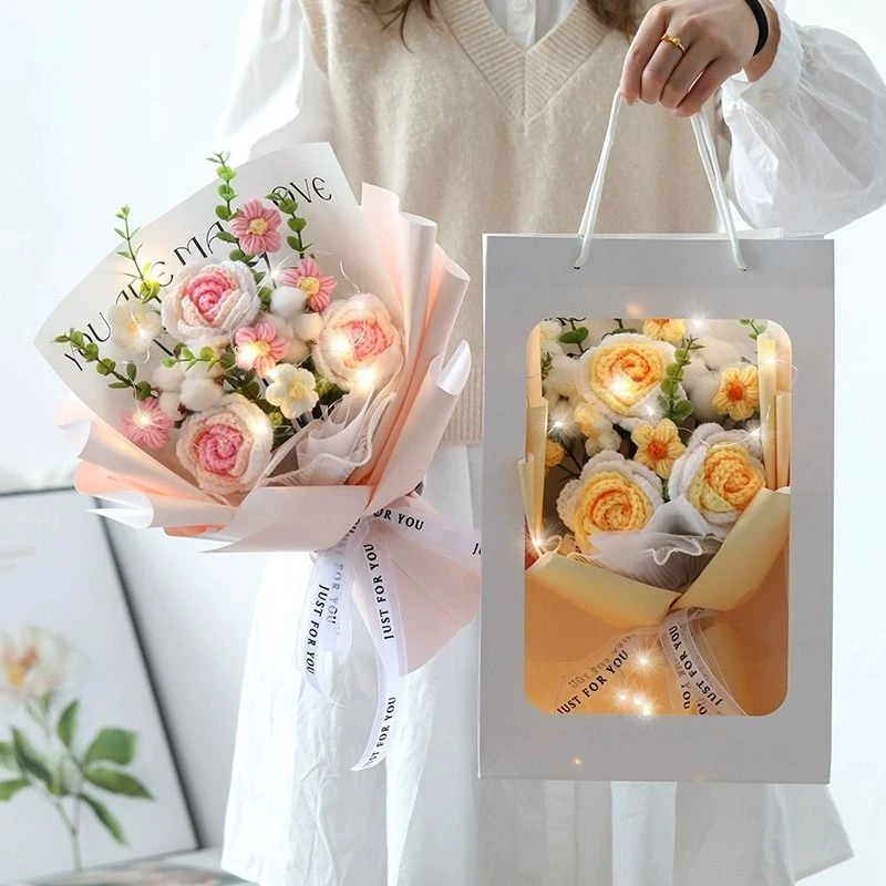情人节成品针织花毛线花束生日礼物玫瑰永生花送女友闺蜜女生礼品