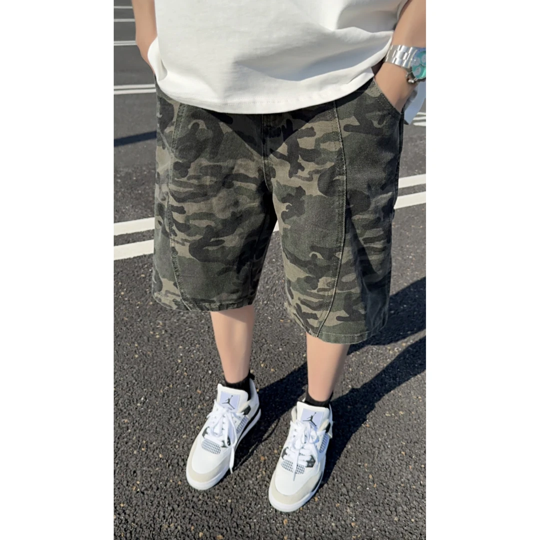 迷彩短裤夏季美式水洗硬汉高街潮流宽松五分裤休闲复古牛仔裤情侣