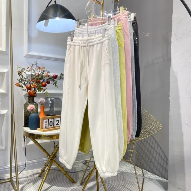 欧美重工烫钻高品质彩色束脚裤女士休闲加绒卫裤松紧腰洋气运动裤