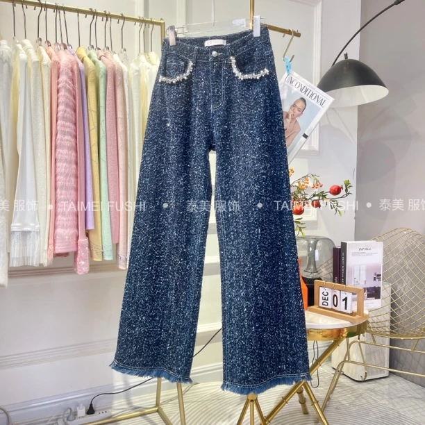 欧洲站2025四季款小香风粗花呢高腰镶钻直筒牛仔裤垂感毛边长裤