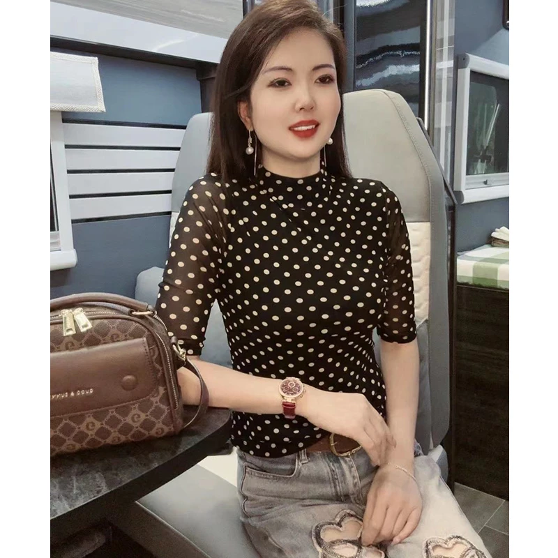 【齐姐专属】半高领打底衫女中袖2025新款印花网纱T恤修身百搭上衣