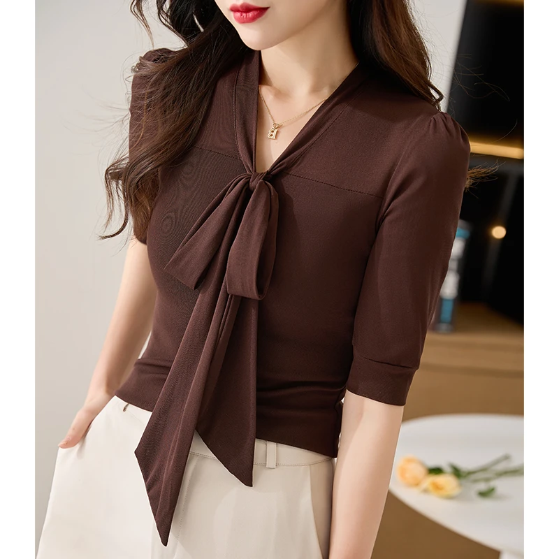 时尚系带蝴蝶结T恤女短袖夏欧货性感V领网纱上衣修身显瘦气质小衫