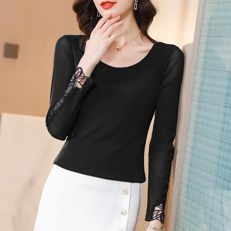 2023新款春季网纱打底衫女内搭春秋洋气百搭圆领t恤蕾丝镂空上衣