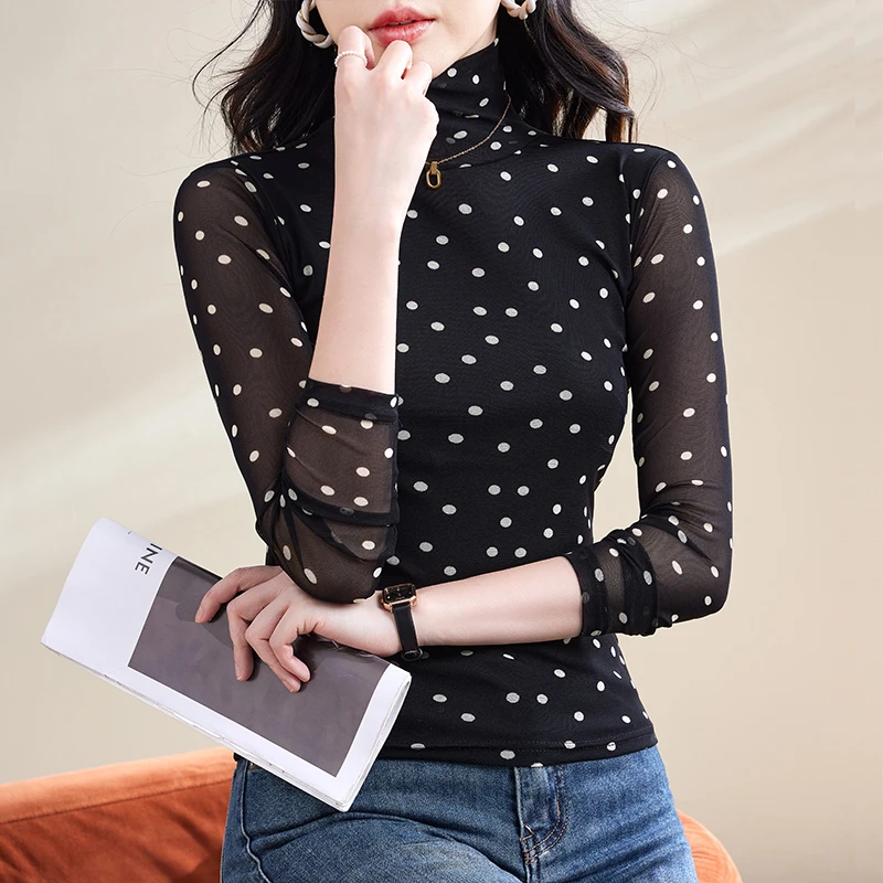 【一依推荐】网纱高领长袖内搭打底衫女2025新款洋气T恤修身上衣