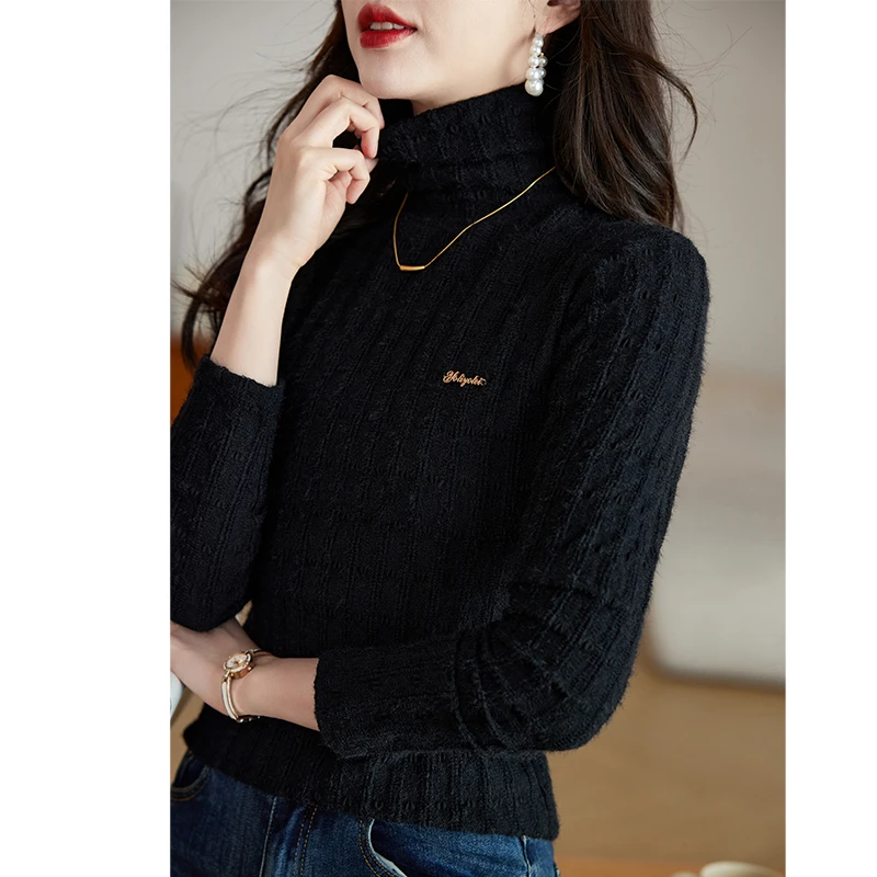 高领打底衫女针织衫2024新款修身堆堆领欧洲站秋冬女装黑色毛衣
