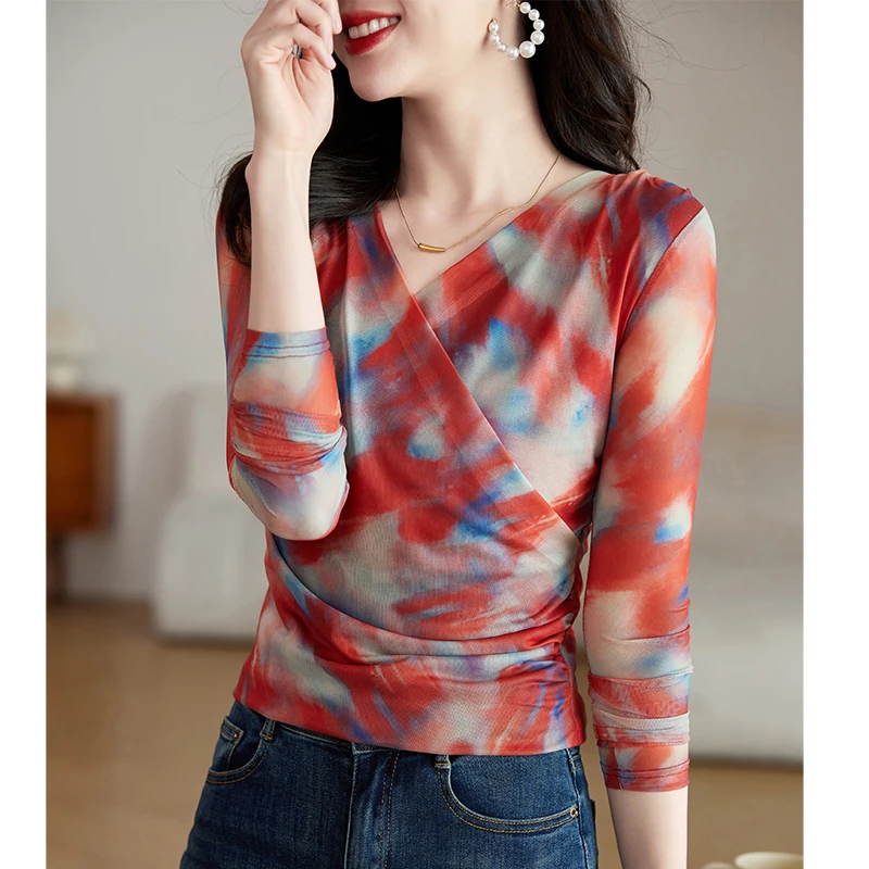 气质网纱打底衫女长袖2025秋冬新款设计感V领T恤洋气显瘦上衣小衫