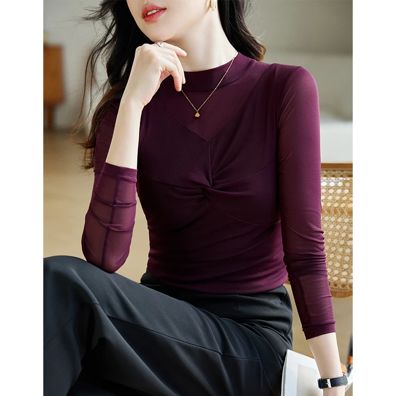 网纱打底衫女春秋2024新款春装洋气内搭时尚抽皱长袖T恤女士上衣