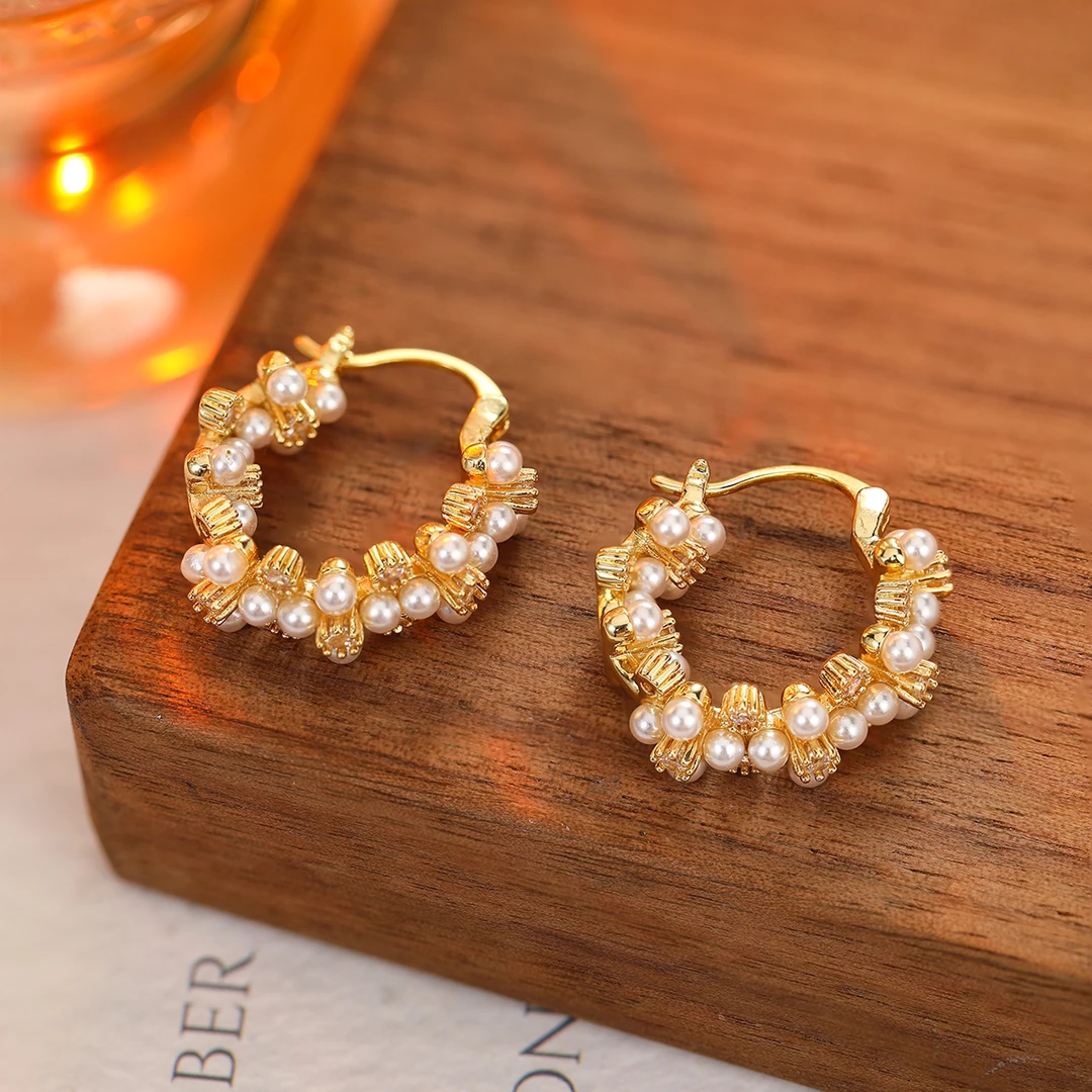 铜合金仿珍珠耳饰 樱花雨锆石耳扣 耳环明星同款法式气质甜美百搭