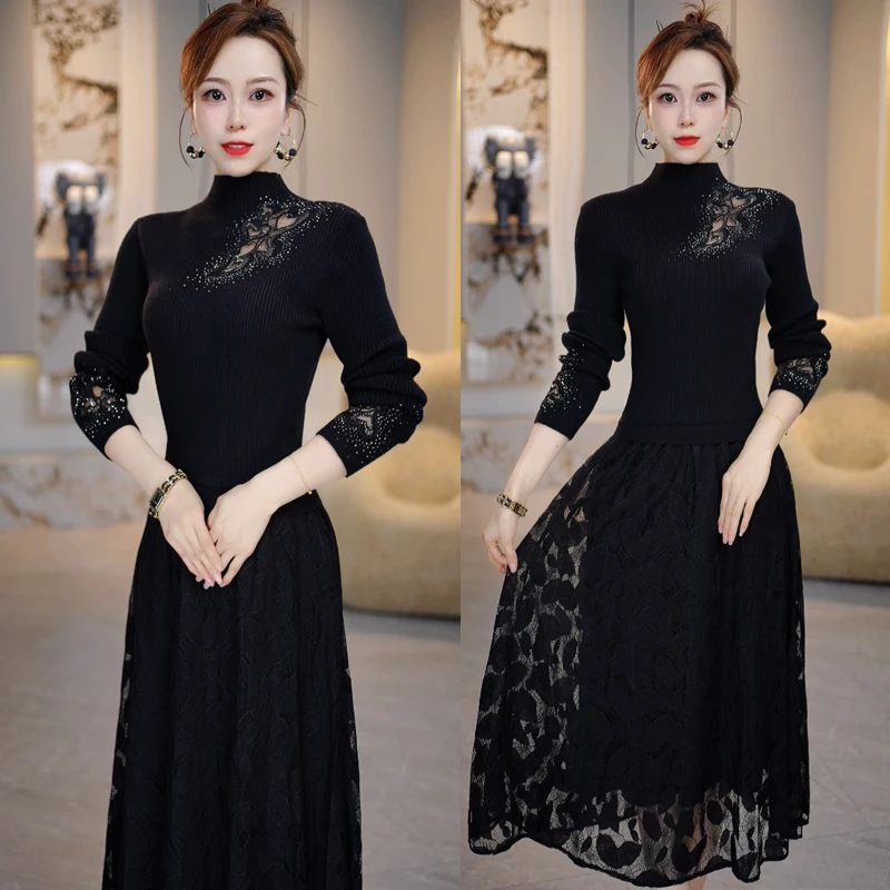 省心穿搭2024年秋冬新款修身收腰显瘦优雅洋气假两件打底女连衣裙