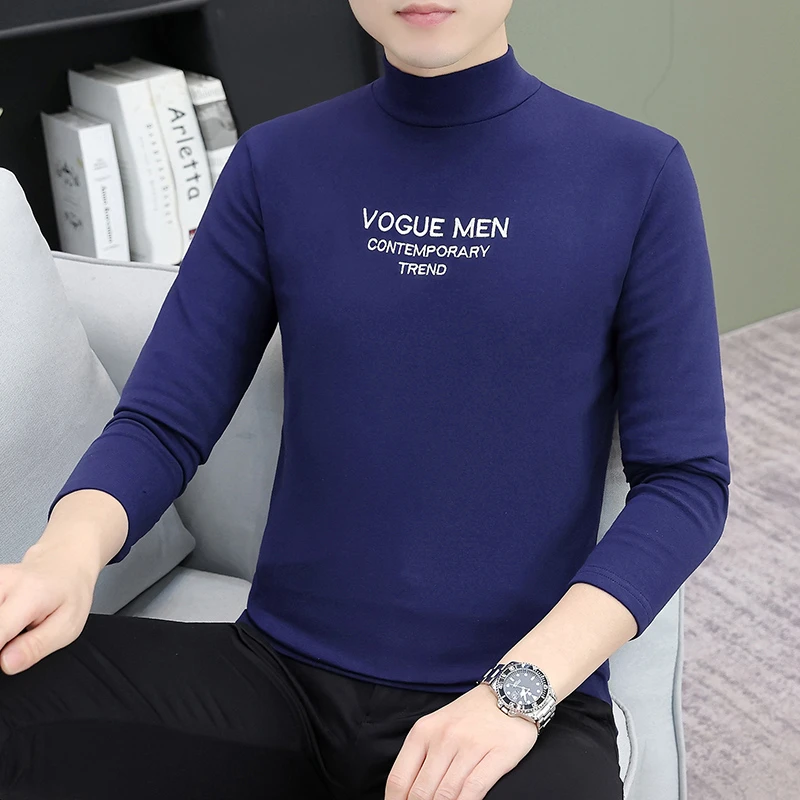 半高领男士打底衫秋冬修身弹力长袖t恤加厚潮流刺绣上衣中领秋衣