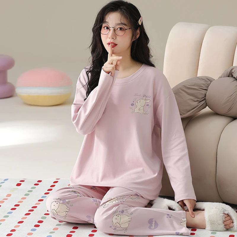卡之恋睡衣女款春秋款长袖纯棉薄款甜美粉色小白兔长裤印花家居服