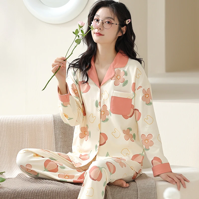 卡之恋睡衣长袖女款春秋季纯棉薄款开衫郁金香花朵甜美家居服套装