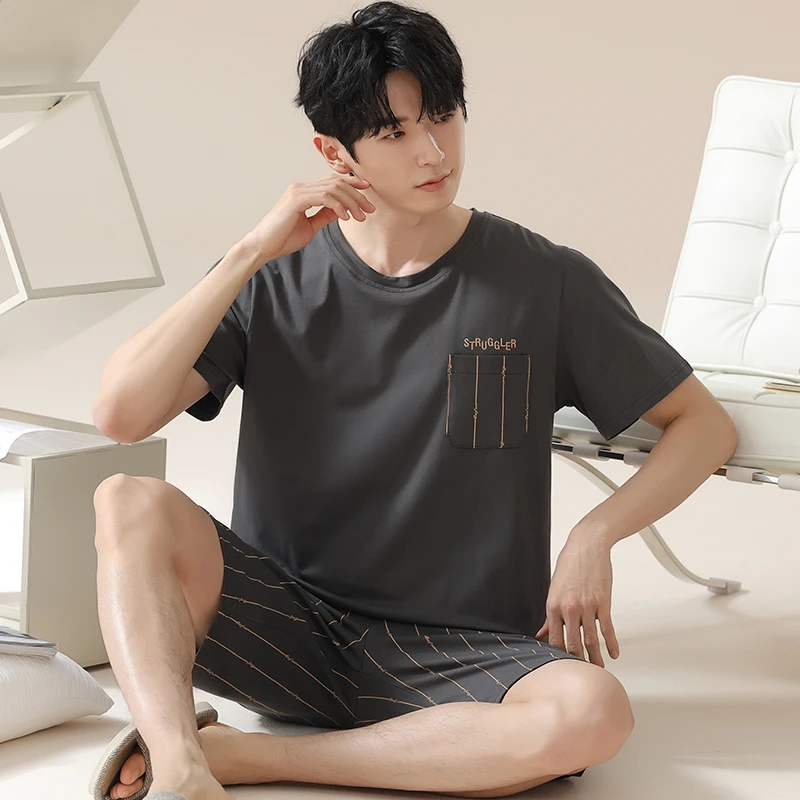 卡之恋男士睡衣夏季纯棉薄款短袖短裤黑茶色简约套装宽松家居服