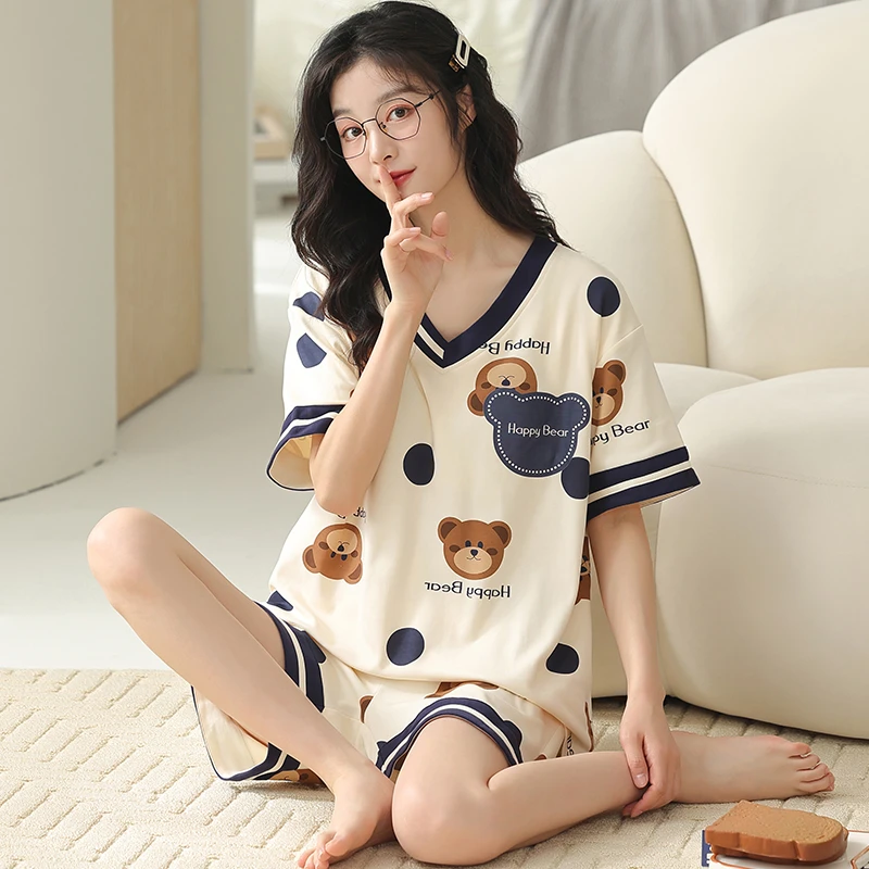卡之恋睡衣女款夏天纯棉2025新款V领女士夏季家居服短袖休闲套装