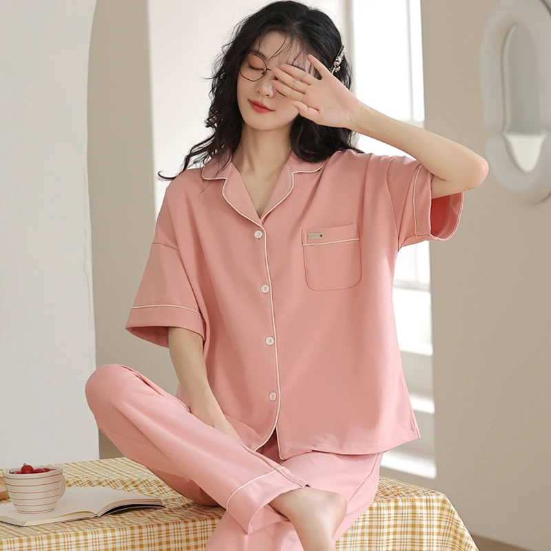 纯棉睡衣女士夏季短袖长裤夏天薄款全棉休闲可外穿家居服套装开衫