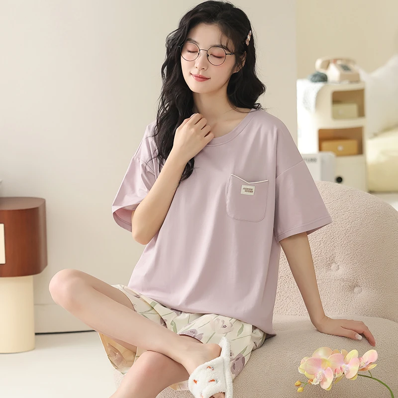 卡之恋睡衣2025夏季纯棉薄款少女温柔紫色短袖郁金香短裤家居服
