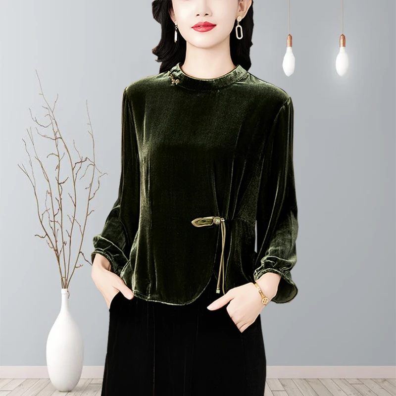 春秋国风新款中年妈妈装金丝绒复古新中式时尚长袖洋气上衣女显瘦