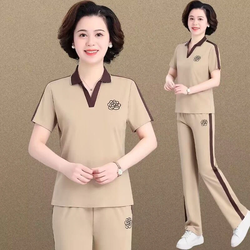 妈妈装夏季时尚套装洋气中老年夏装运动服两件套大码女装短袖夏天