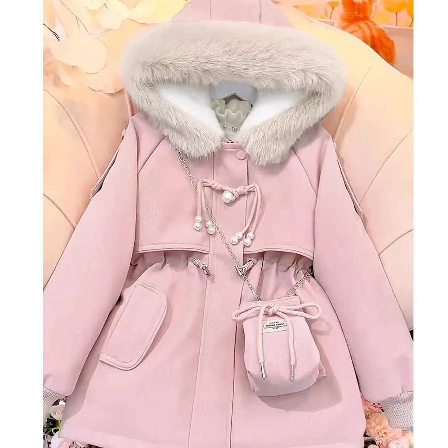 M【戴帽流星雨.免洗皮衣】女童时尚中长款儿童加绒加厚冬季派克服