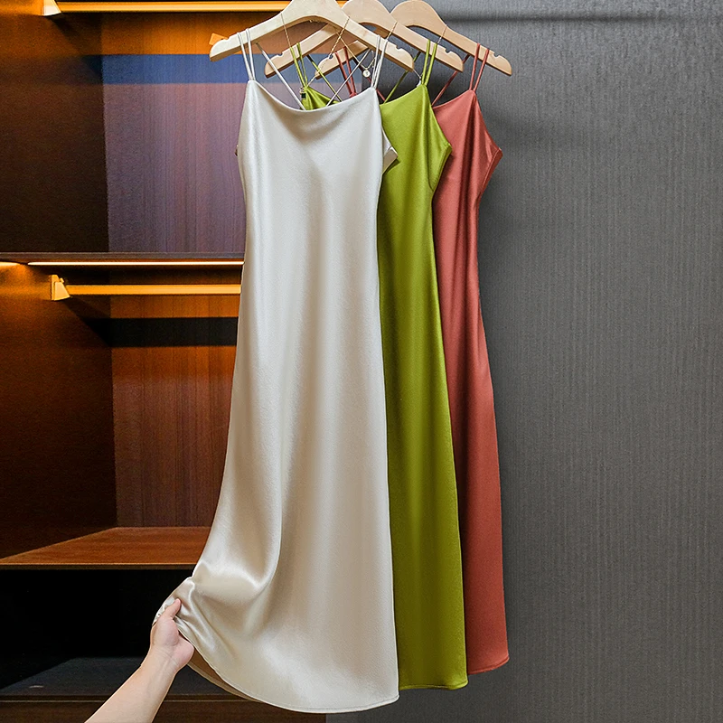 燕子家醋酸长裙  春天仙女裙时尚气质夏季纯色吊带裙显瘦纯色女士