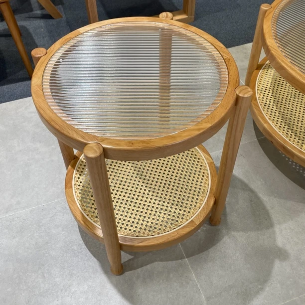 北欧圆形实木茶几轻奢客厅餐厅卧室藤编日式边几纯木简约小圆桌子