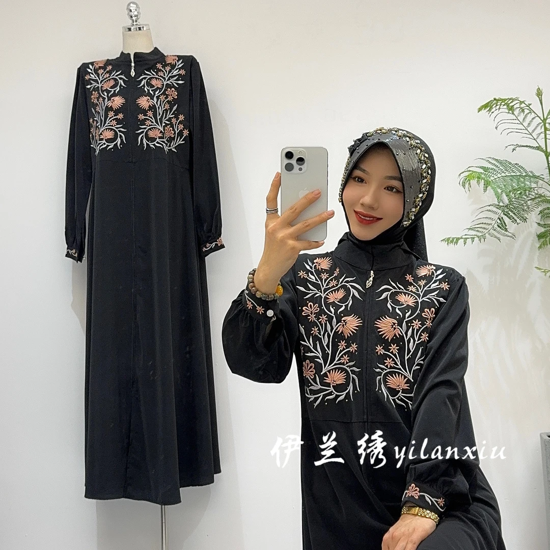 2024春夏ylx020花朵刺绣烫钻前拉链开衫长裙，加密莱卡布料